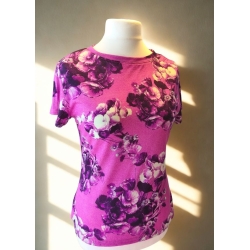 T-SHIRT MERINO DAMSKI RÓŻOWY W KWIATY  -  L/XL