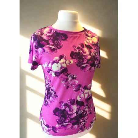 T-SHIRT MERINO DAMSKI RÓŻOWY W KWIATY  -  L/XL