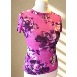 T-SHIRT MERINO DAMSKI RÓŻOWY W KWIATY  -  S/M