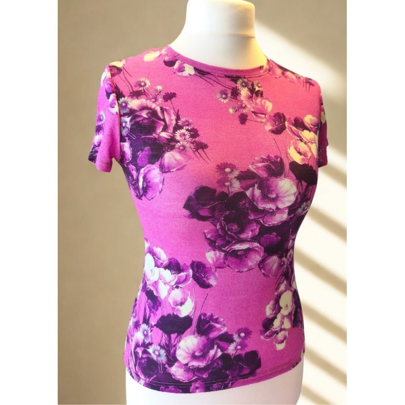 T-SHIRT MERINO DAMSKI RÓŻOWY W KWIATY  -  S/M