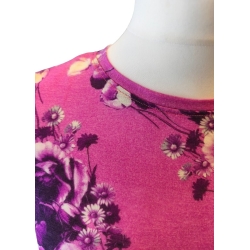 T-SHIRT MERINO DAMSKI RÓŻOWY W KWIATY  -  S/M