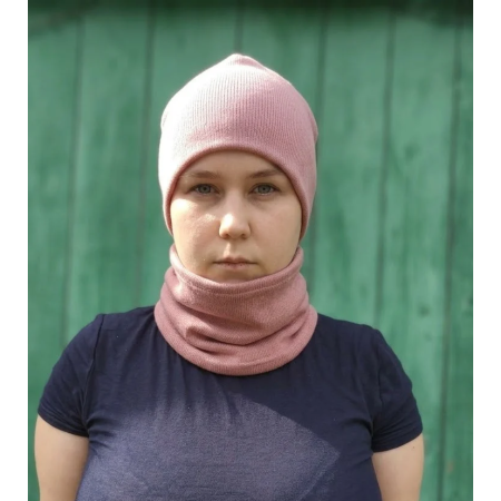 Zestaw merino czapka wraz z kominem - jasny różowy