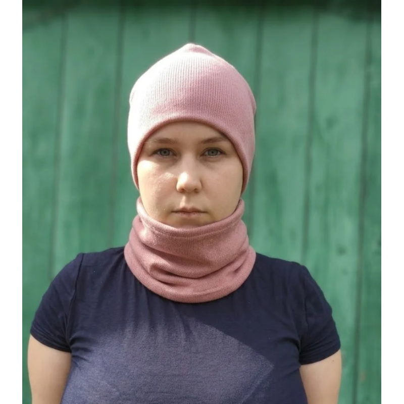 Zestaw merino czapka wraz z kominem - jasny różowy