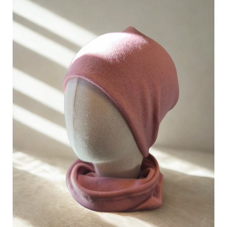 Zestaw merino czapka wraz z kominem - jasny różowy